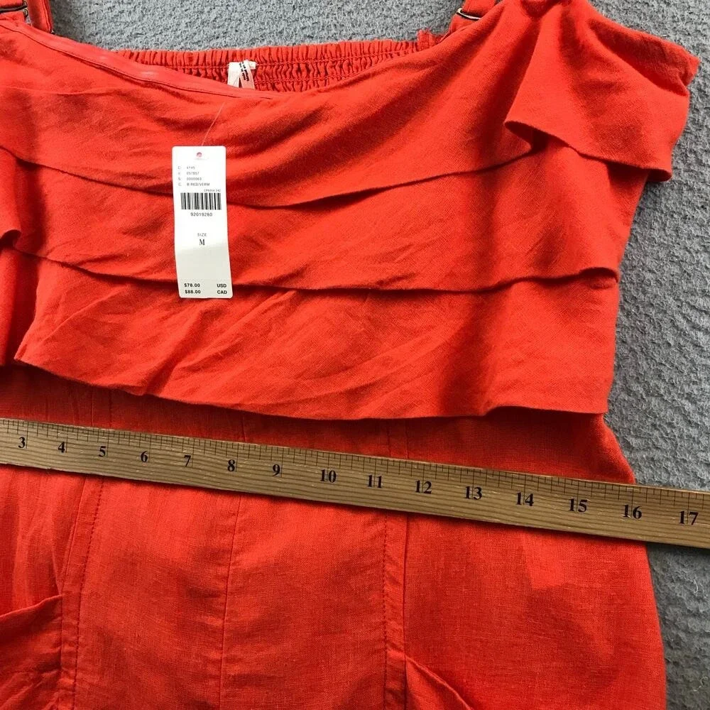 NWT Anthropologie Sz M Orange Tiered Ruffle Smocked Linen Side Pocket Romper